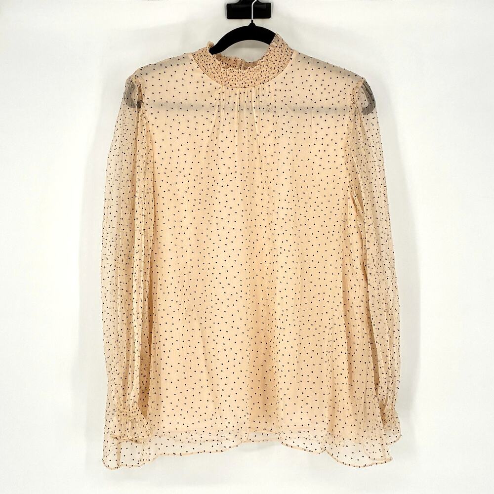 Sundance Ivory Silk Black Dotted Swiss High Neck Poet Sleeve Top - Size L
